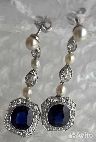 Платиновые серьги С сапфиром,бриллианты, жемчуг