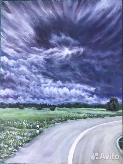 Картина маслом. Пейзаж Перед грозой. Летели облака