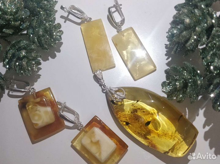Серьги, кулон. Янтарь, швензы посеребрение