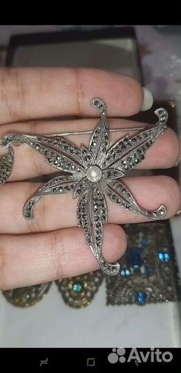 Винтажная брошь серебро марказиты. Европа