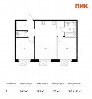 2-к квартира, 55.9 м², 13/19 эт.