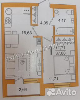 1-к квартира, 37.9 м², 3/5 эт.