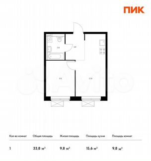 1-к квартира, 33.8 м², 8/19 эт.