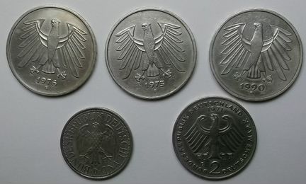 Монеты 1-5 немецких марок + Евро центы (Бельгия)