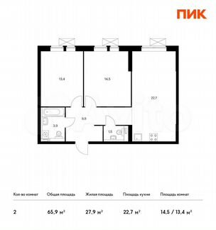 2-к квартира, 65.9 м², 9/33 эт.