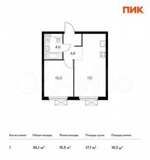 1-к квартира, 36.1 м², 21/24 эт.