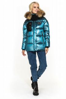 Блестящий пуховик с мехом 021-105 р.46 новый