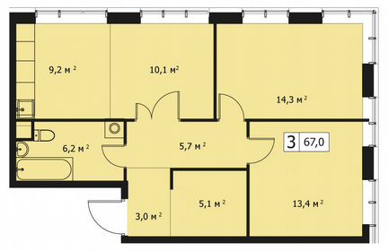 3-к квартира, 67 м², 1/14 эт.