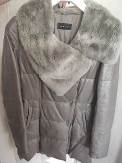 Серое кожаное пальто, утеплённое. Размер 44 - 46