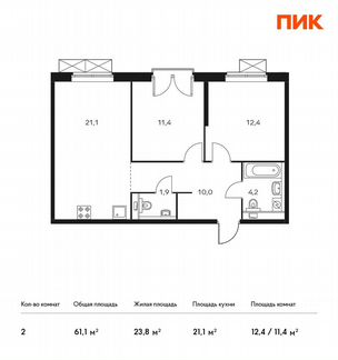 2-к квартира, 61.1 м², 3/24 эт.