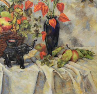 Физалис, яблоки, слоник. Масло, холст, 60х70 см